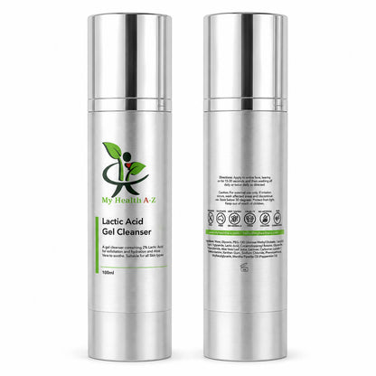 Two silver cylindrical bottles of My Health A-Z Lactic Acid Gel Cleanser are shown on a white background, with the front label visible on the left bottle and the back text panel visible on the right bottle.
