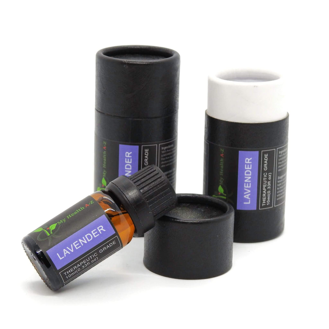 10ml lavender essential oil with label in front of a cylinder and one cylinder with open lid