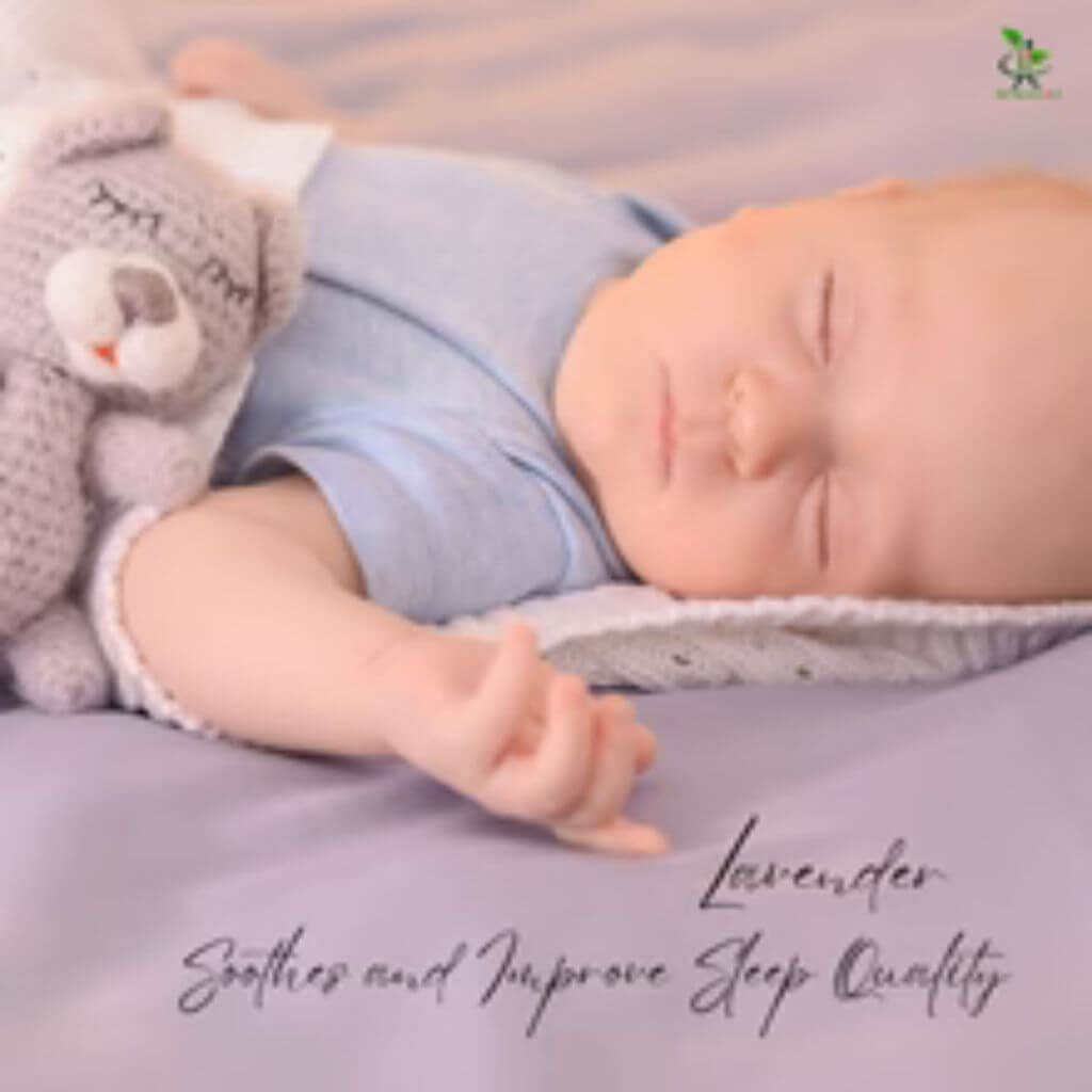 Baby sleeping with a lavender blanket and teddy bear, with text &