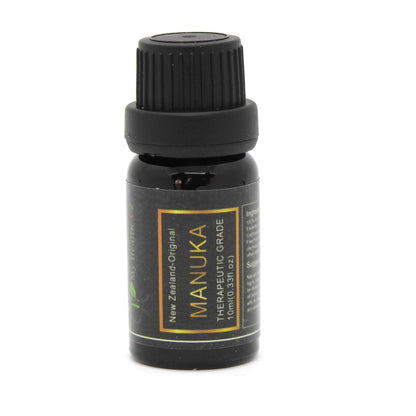'My Health A-Z' Manuka Essential oil bottle with black cap on a white background