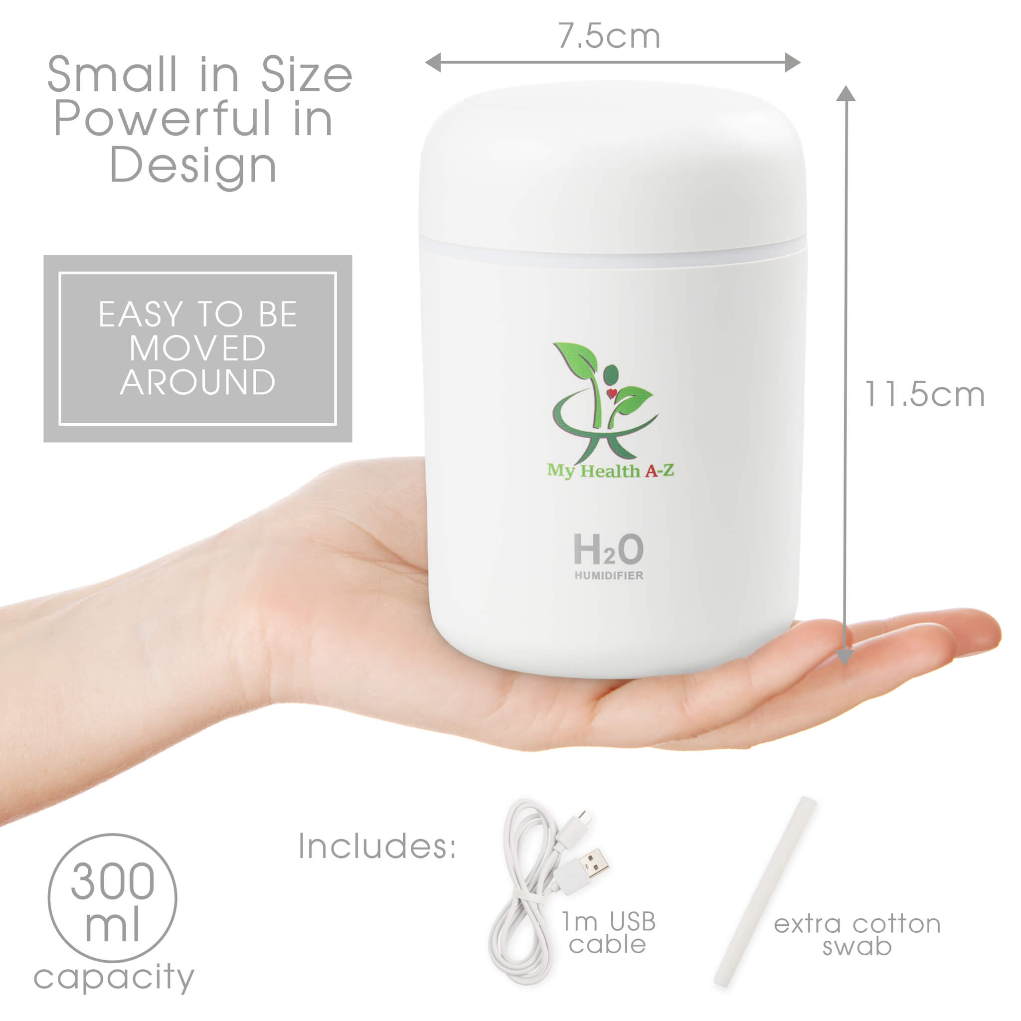My Health A-Z diffuser hand is holding and shows the dimensions 7.5cm wide and 11.5cm high