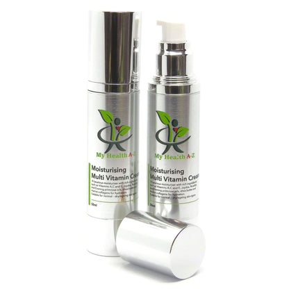 two  Moisturising Multi-Vitamin Cream (50ml) one with lid the other without lid in front of bottle