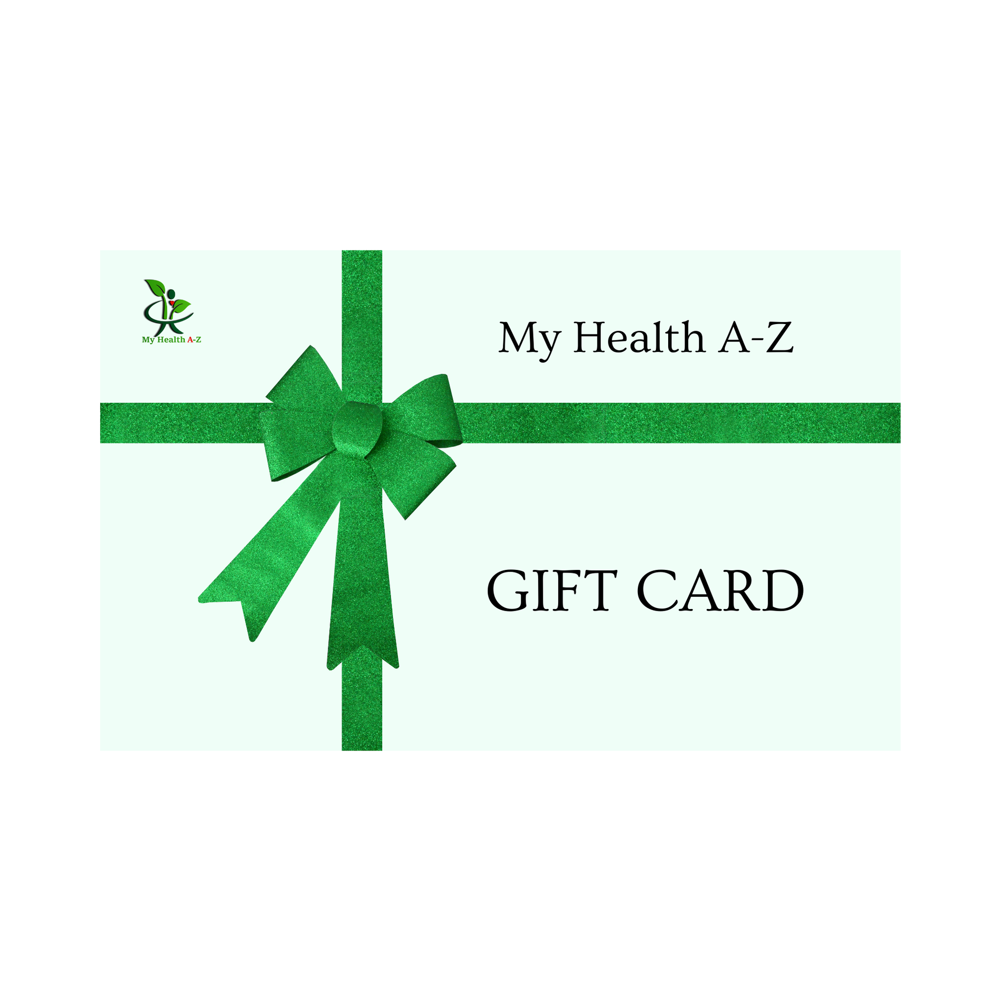 Gift card with a green bow and 'My Health A-Z' branding on a light green background