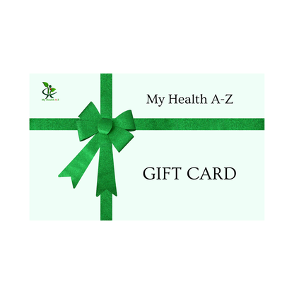 Gift card with a green bow and 'My Health A-Z' branding on a light green background