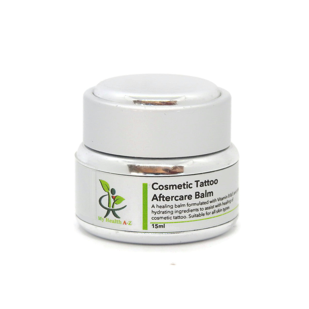 Cosmetic tattoo aftercare balm jar with a white lid on a white background