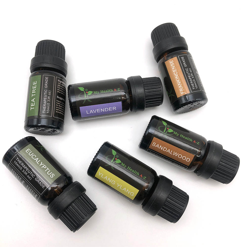  six 10mL bottles of aromatherapy essential oils: Eucalyptus, Tea Trea, Lavender, Frankinsense, Ylang Ylang, Sandlewood