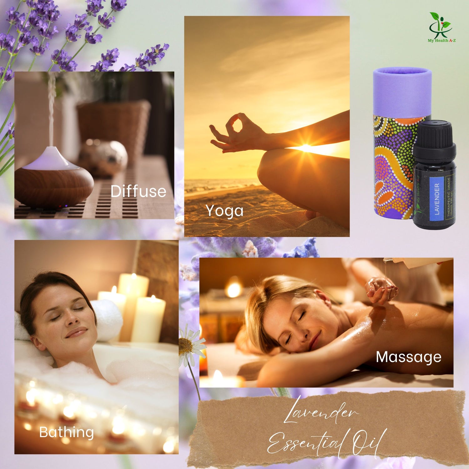 Collage of images related to relaxation and wellness with lavender essential oil and diffuser.