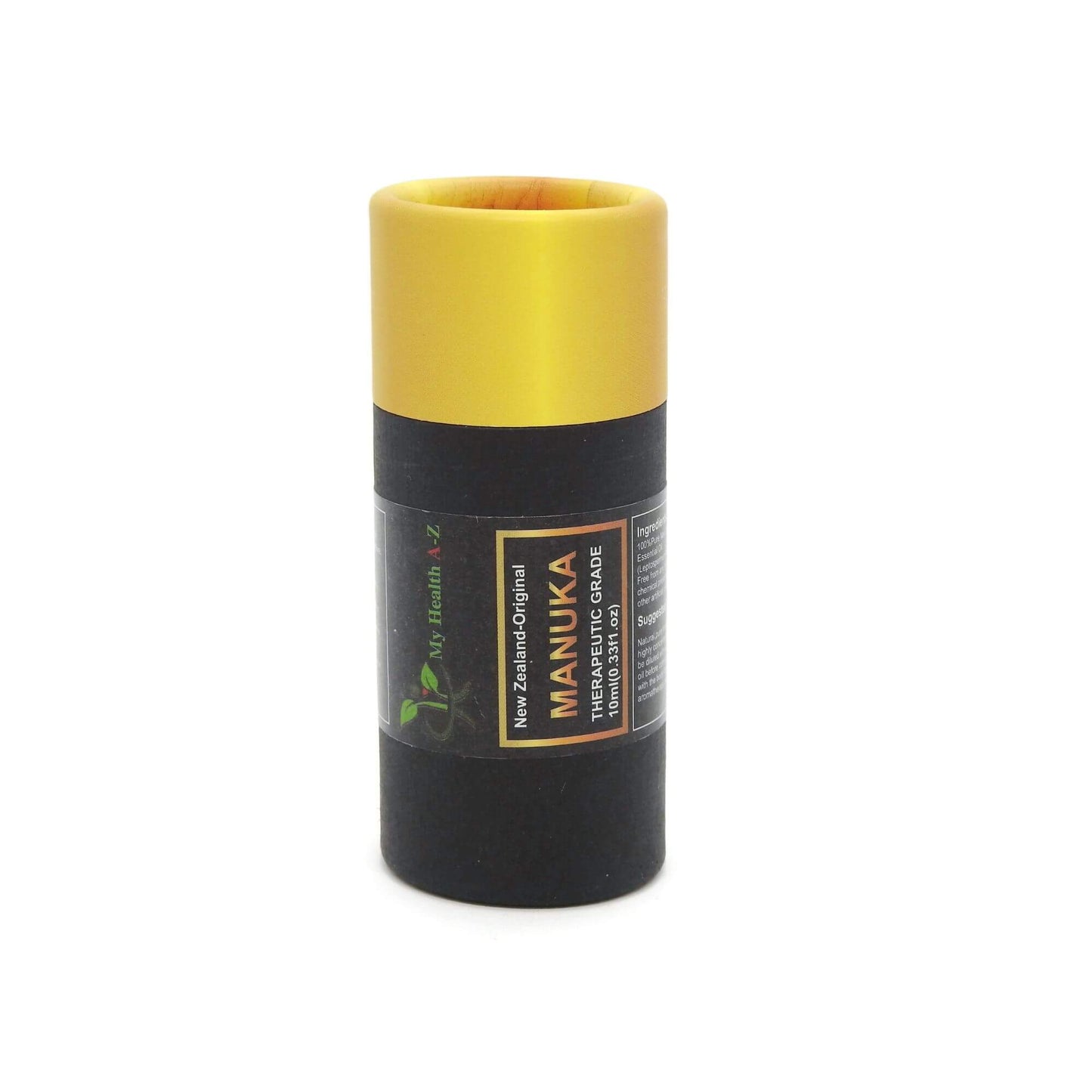 'My Health A-Z'  manuka essential oil Black and yellow cylindrical container with branding on a white background