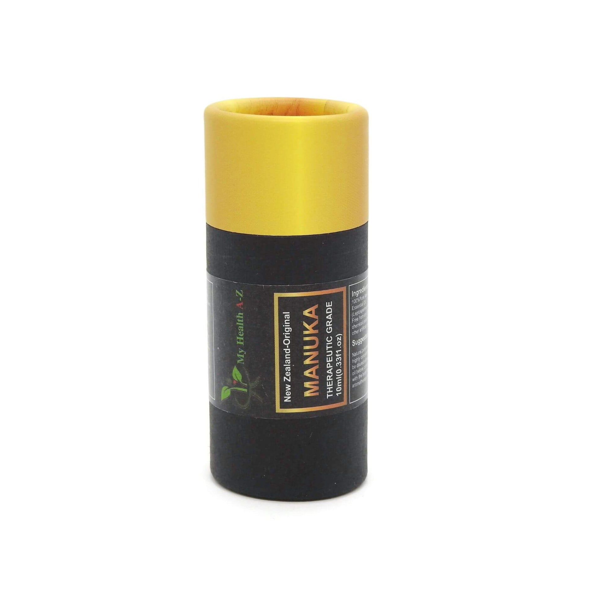'My Health A-Z'  manuka essential oil Black and yellow cylindrical container with branding on a white background