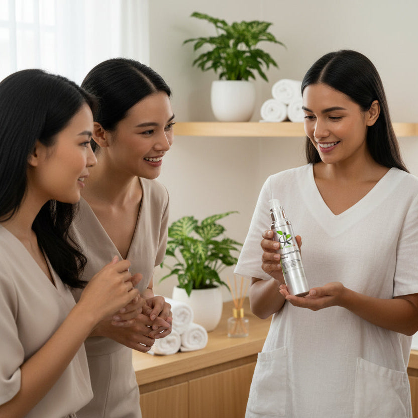 woman shows colleges a bottle of My Health A-Z Niacinamide 10% Cream Hero 1