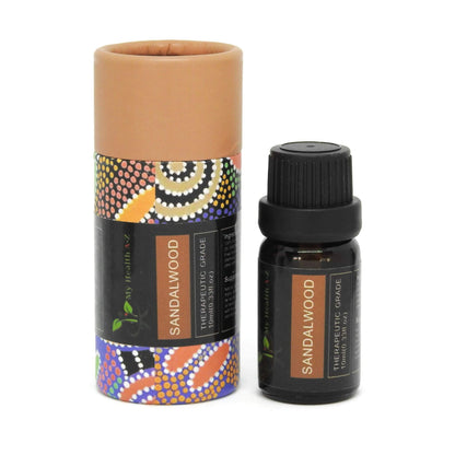 'My Health A-Z' Sandalwood essential oil bottle with decorative packaging on a white background