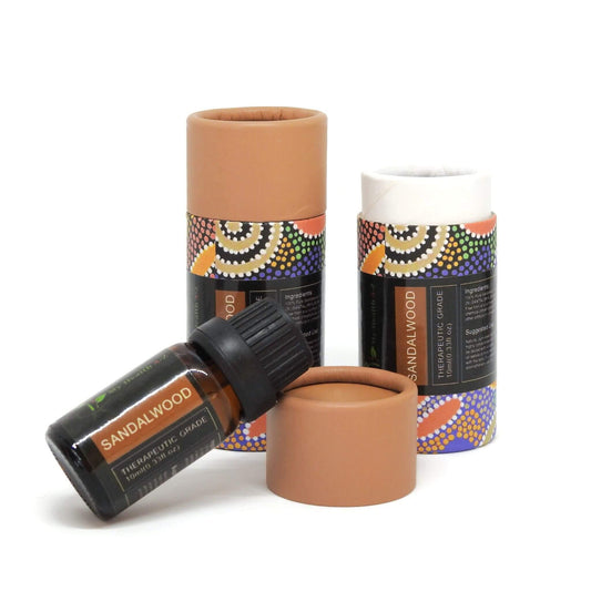 'My Health A-Z' Sandalwood essential oil bottle with packaging on a white background