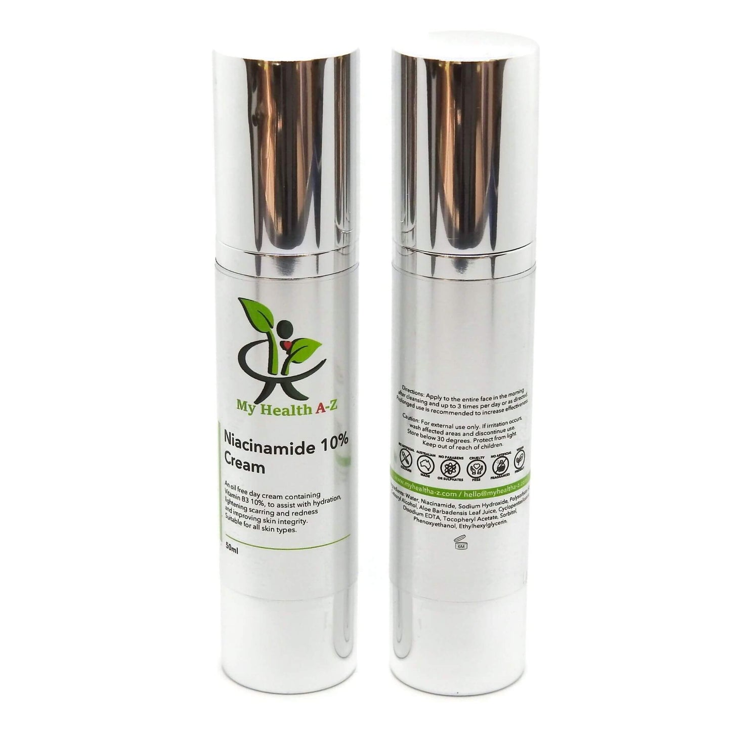 Two 'My Health A-Z' Niacinamide skincare cream bottles with labels on a white background