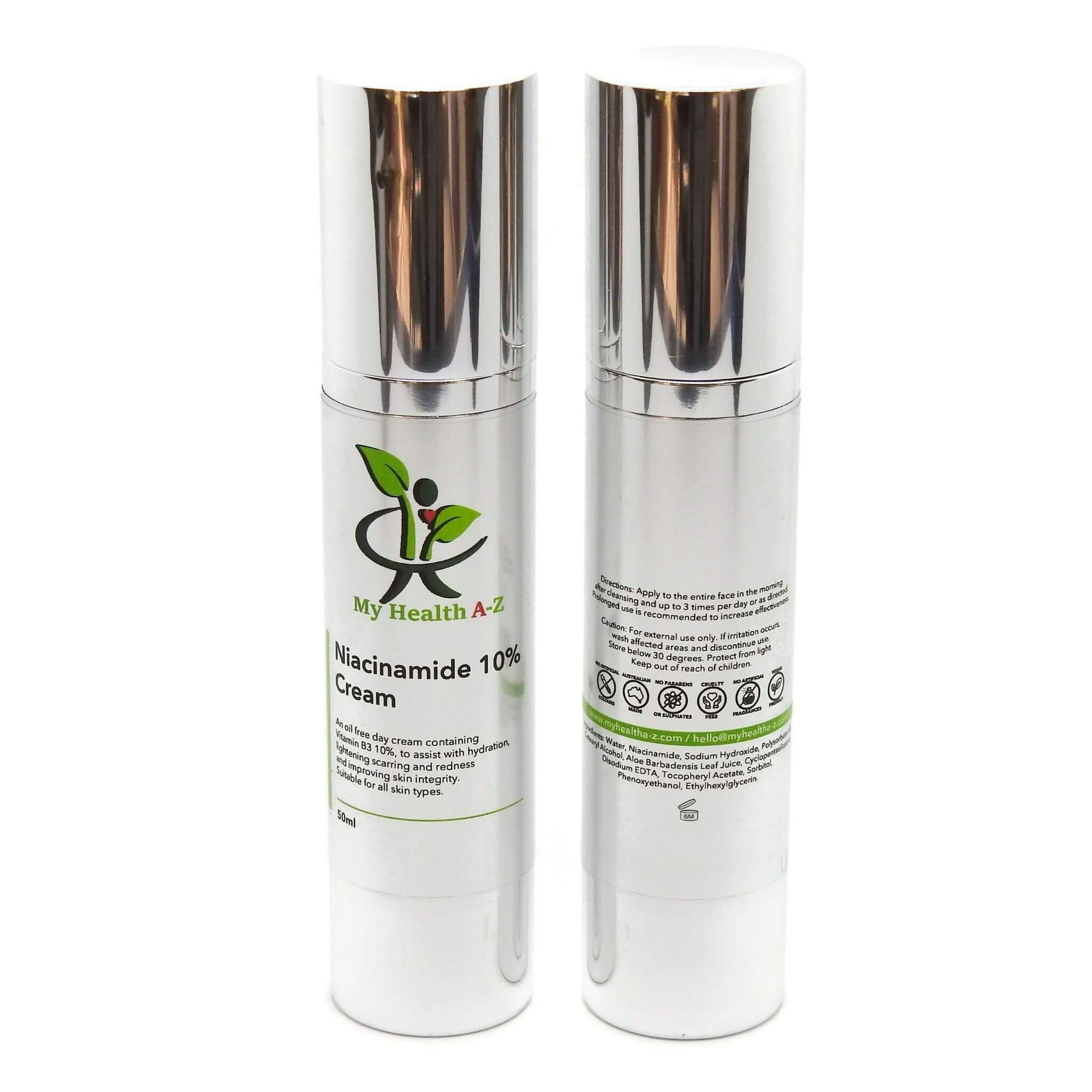 Two 'My Health A-Z' Niacinamide skincare cream bottles with labels on a white background