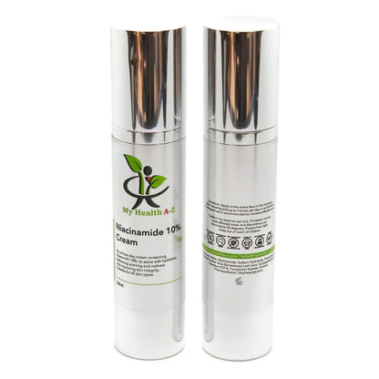 Two 'My Health A-Z' Niacinamide skincare cream bottles with labels on a white background