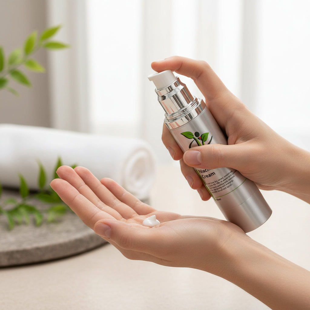 woman using Niacinamide 10% Cream by My Health A-Z on her hand