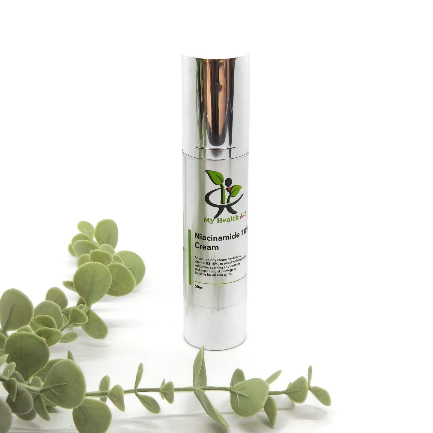 'My Health A-Z' Niacinamde Skincare cream bottle with green leaves on a white background