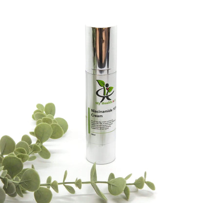 'My Health A-Z' Niacinamde Skincare cream bottle with green leaves on a white background