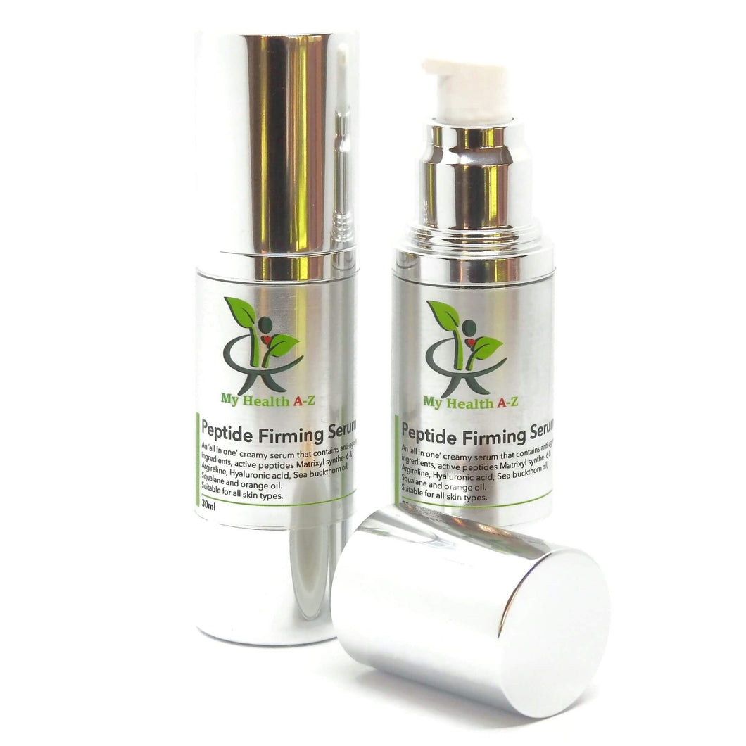 two Peptide Firming Serum on the left with lid on the right without lid in front of bottle