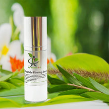 Load image into Gallery viewer, green background with leafs and flowers and a bottle of Peptide firming serum in the middle
