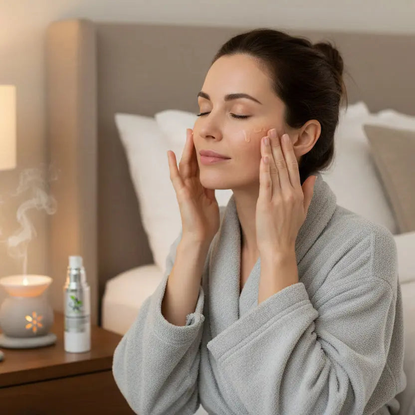 woman applying Peptide Firming Serum bottle by My Health A-Z sitting on here bed