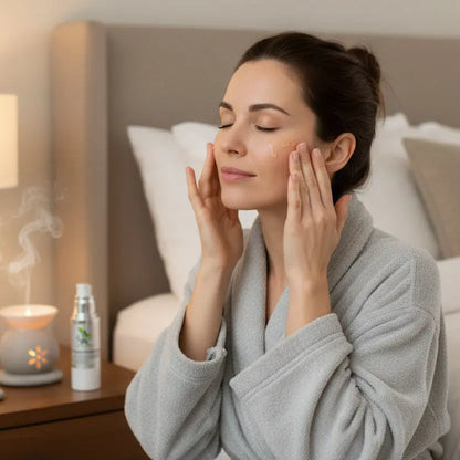 woman applying Peptide Firming Serum bottle by My Health A-Z sitting on here bed