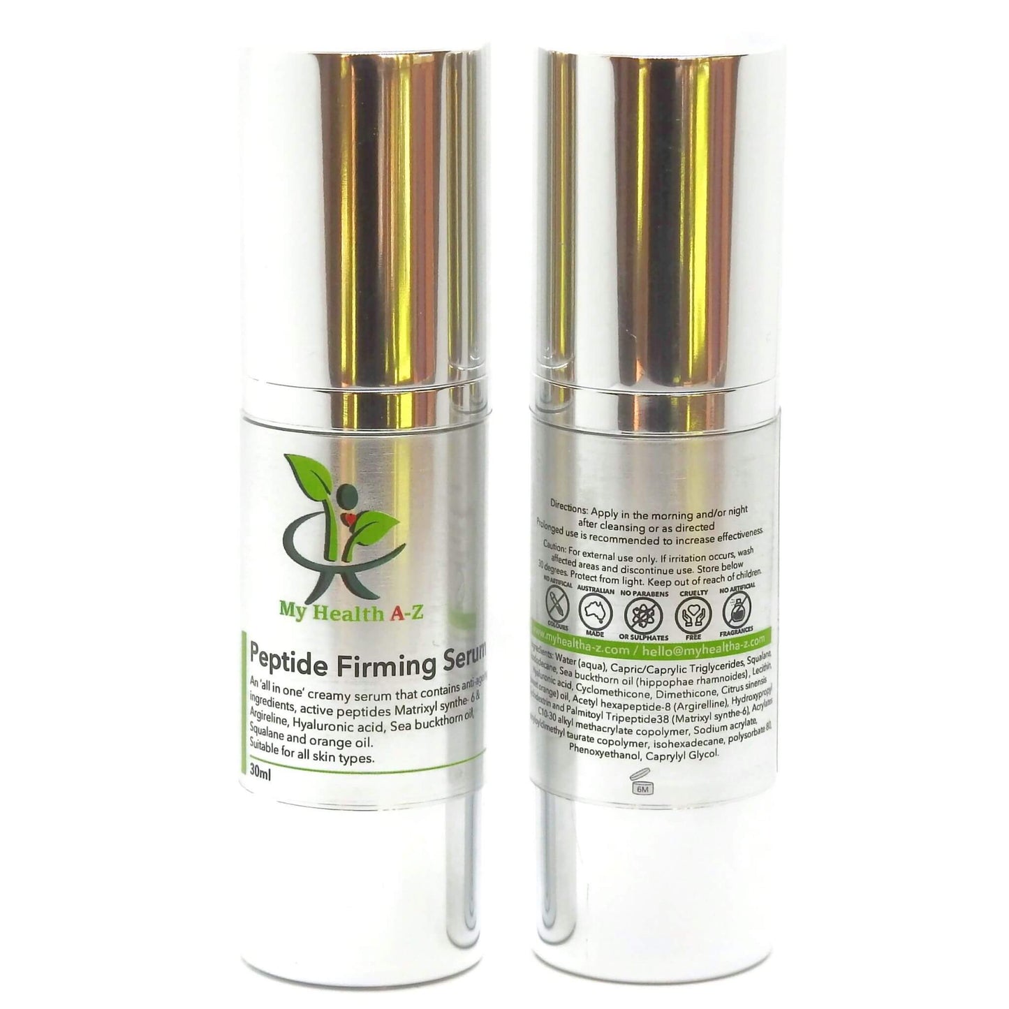Two bottles of 'My Health A-Z' Peptide Firming Serum by My Health A-Z on a white background