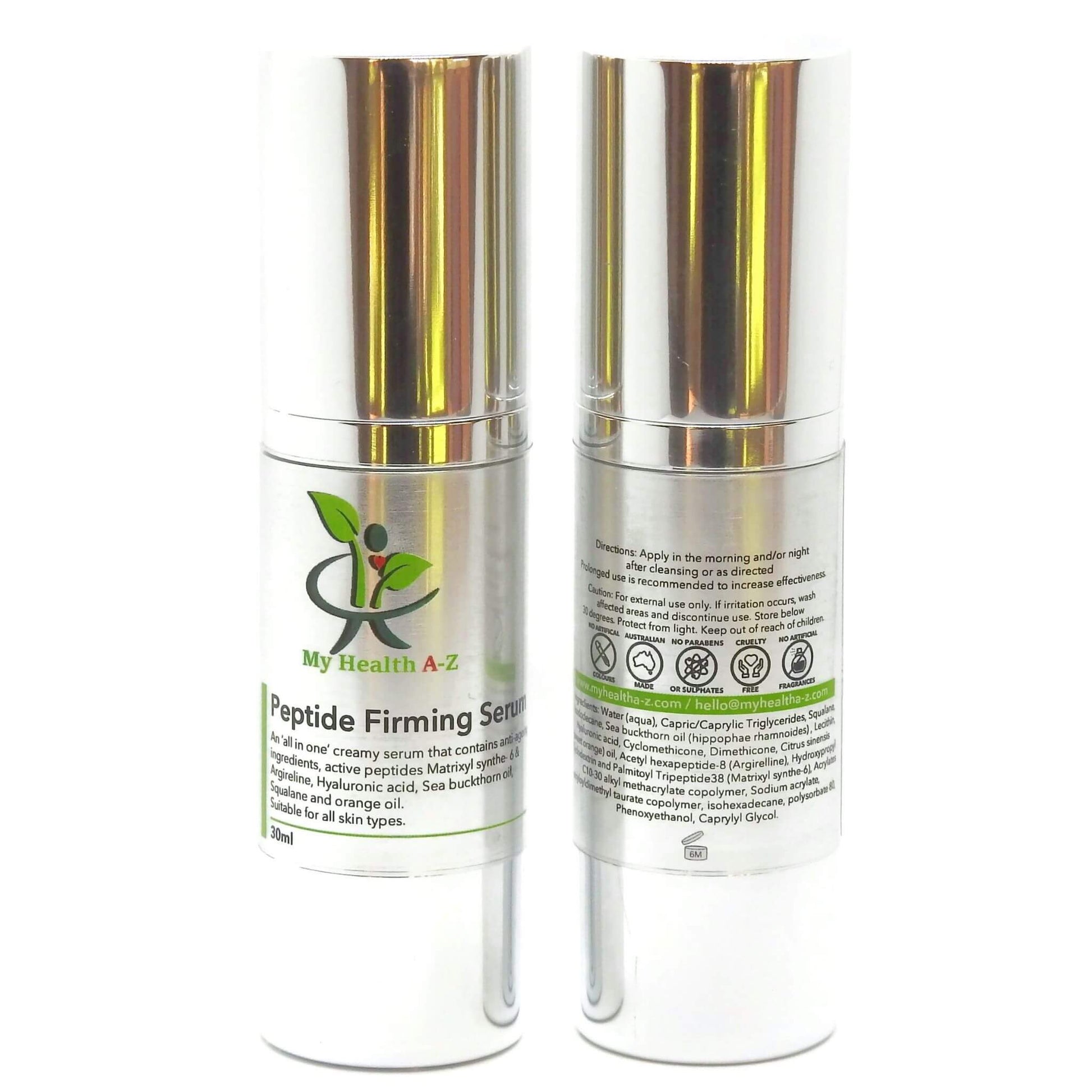 Two bottles of 'My Health A-Z' Peptide Firming Serum by My Health A-Z on a white background