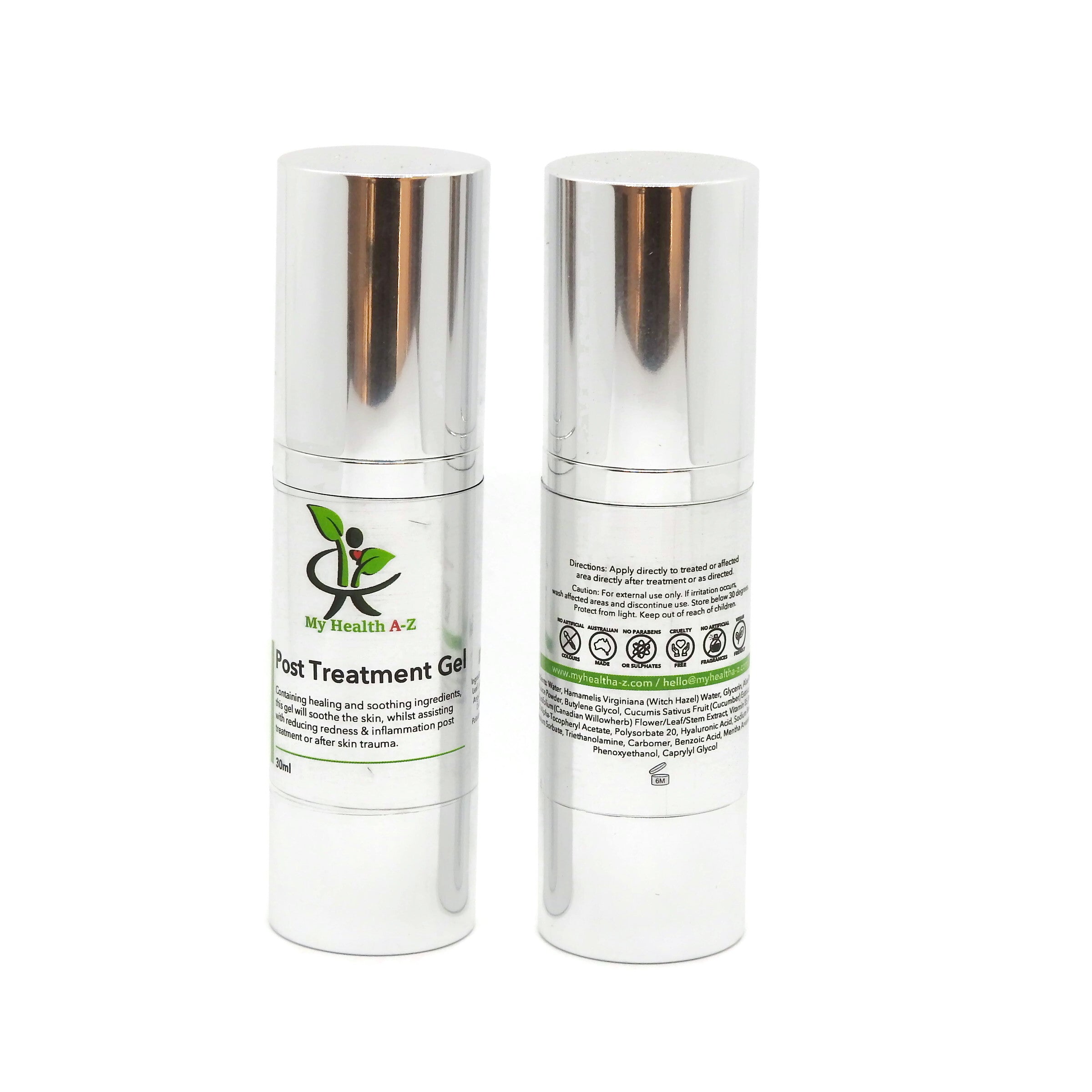 Two silver skincare bottles with labels on a white background