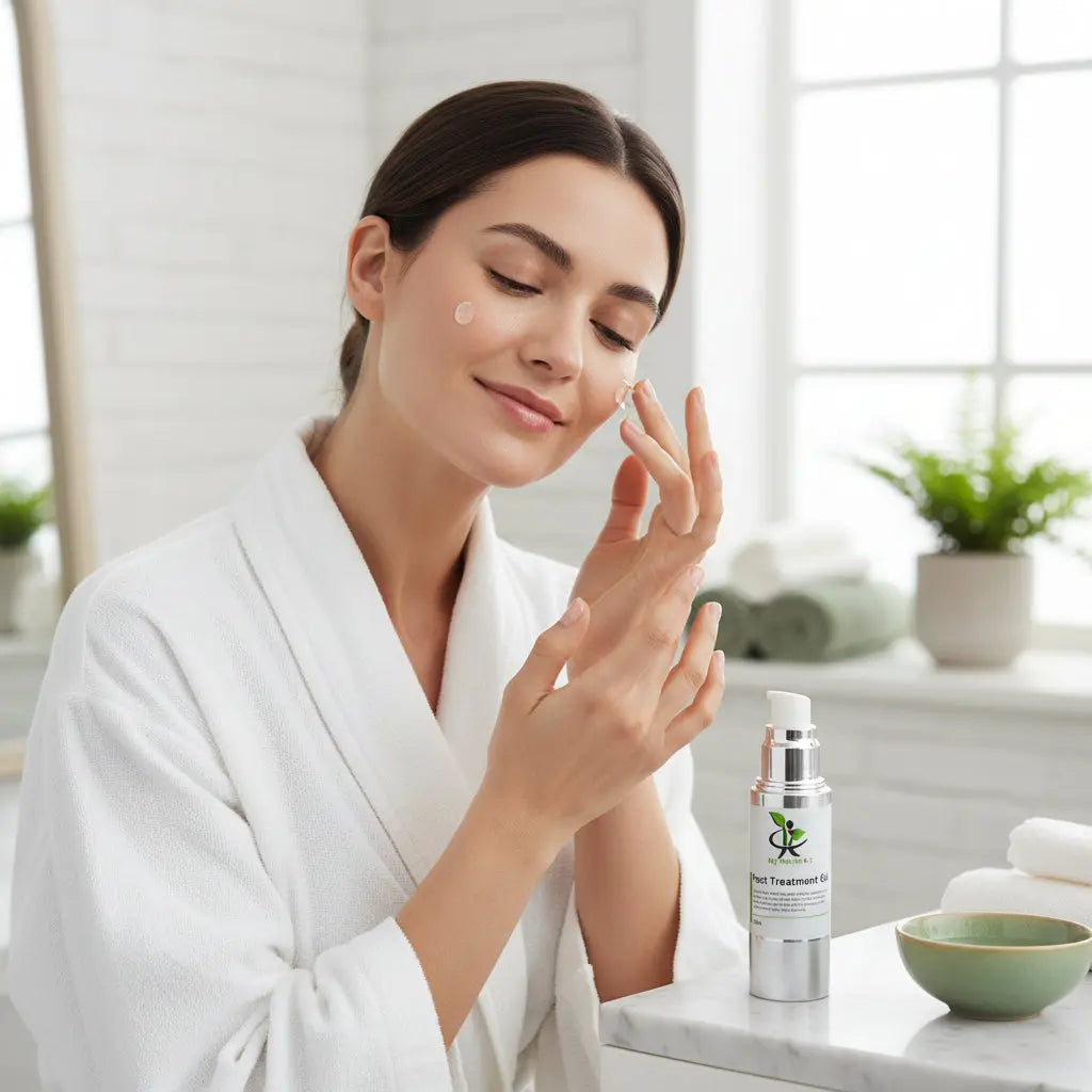 Woman applying My Health A-Z Post Treatment Gel to face – soothing recovery gel after facial treatment