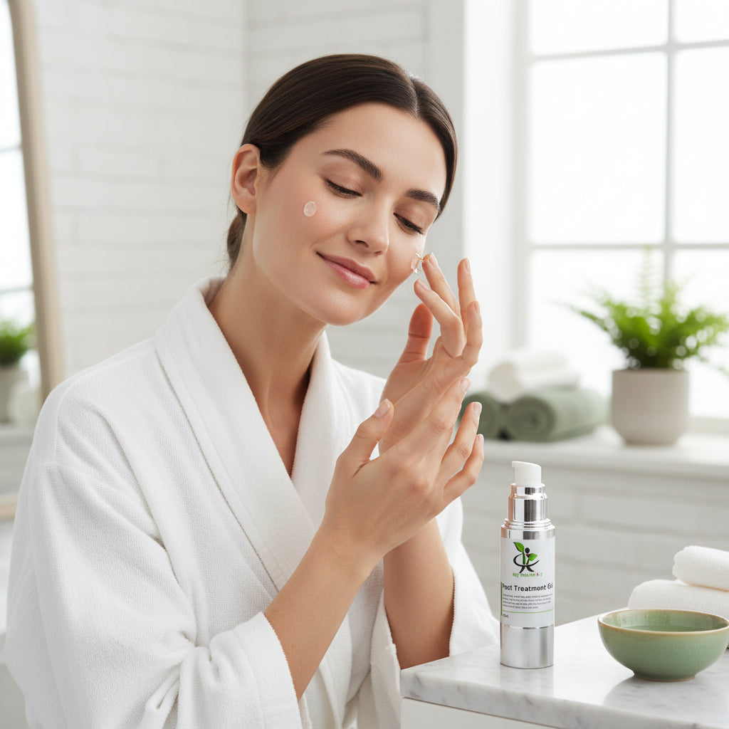 woman applies a Post Treatment Gel by My Health A-Z to her face