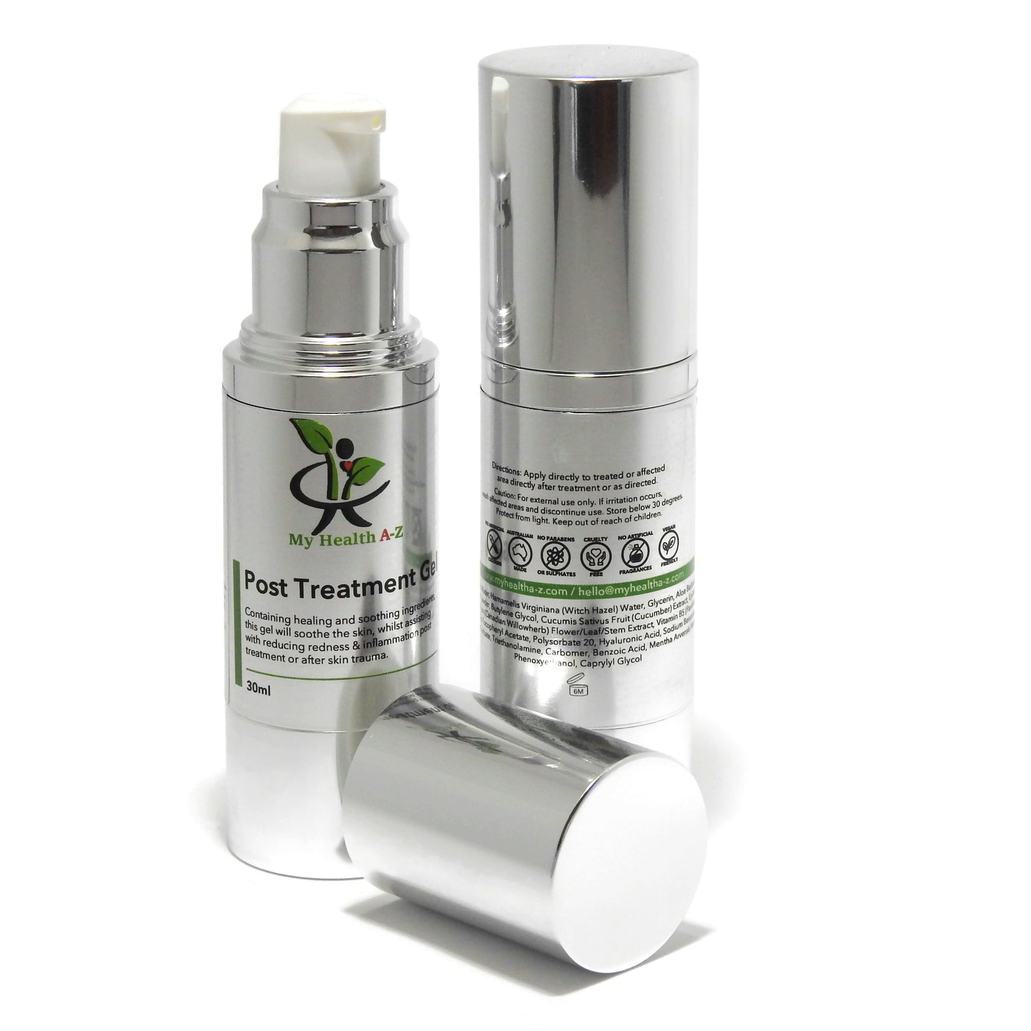 Two silver skincare bottles with labels on a white background
