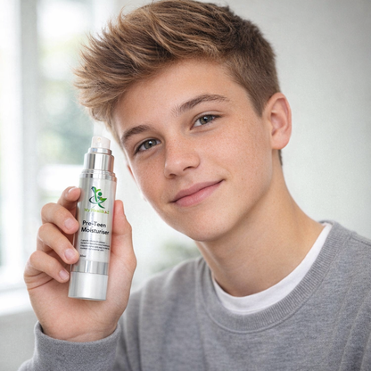 Young person holding a skincare My Health A-Z Pre-Teen moisturiser product with a blurred backgroud