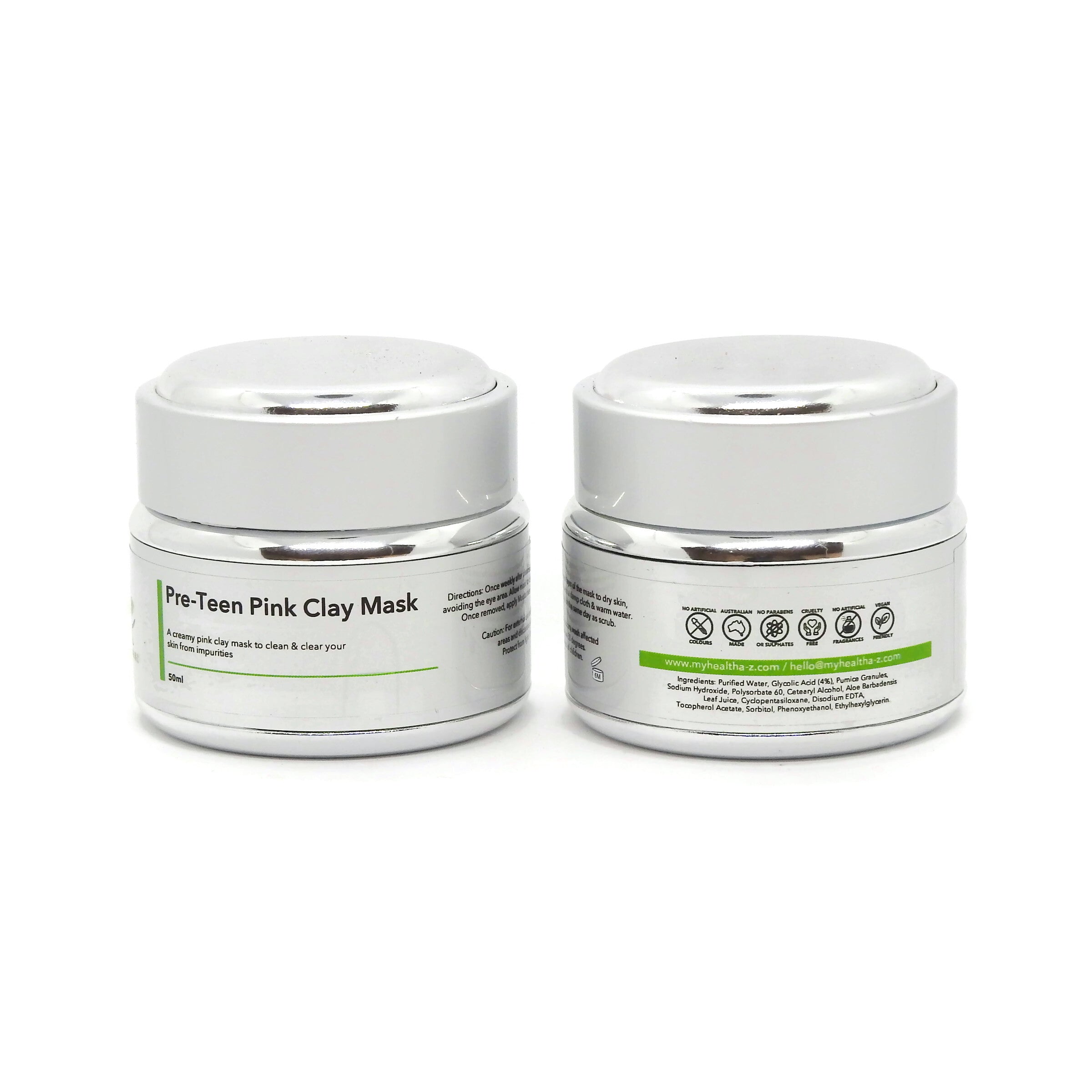 Two jars of Pre-Teen Pink Clay Mask on a white background