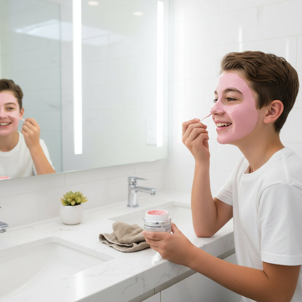 teenage boy applying a Pre-Teen Pink Clay Mask in front of a mirror in a bathroom