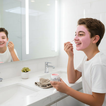 teenage boy applying a Pre-Teen Pink Clay Mask in front of a mirror in a bathroom