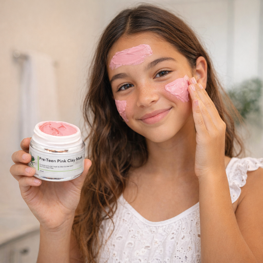 Young girl applying pink clay mask to her face with a jar of the product.