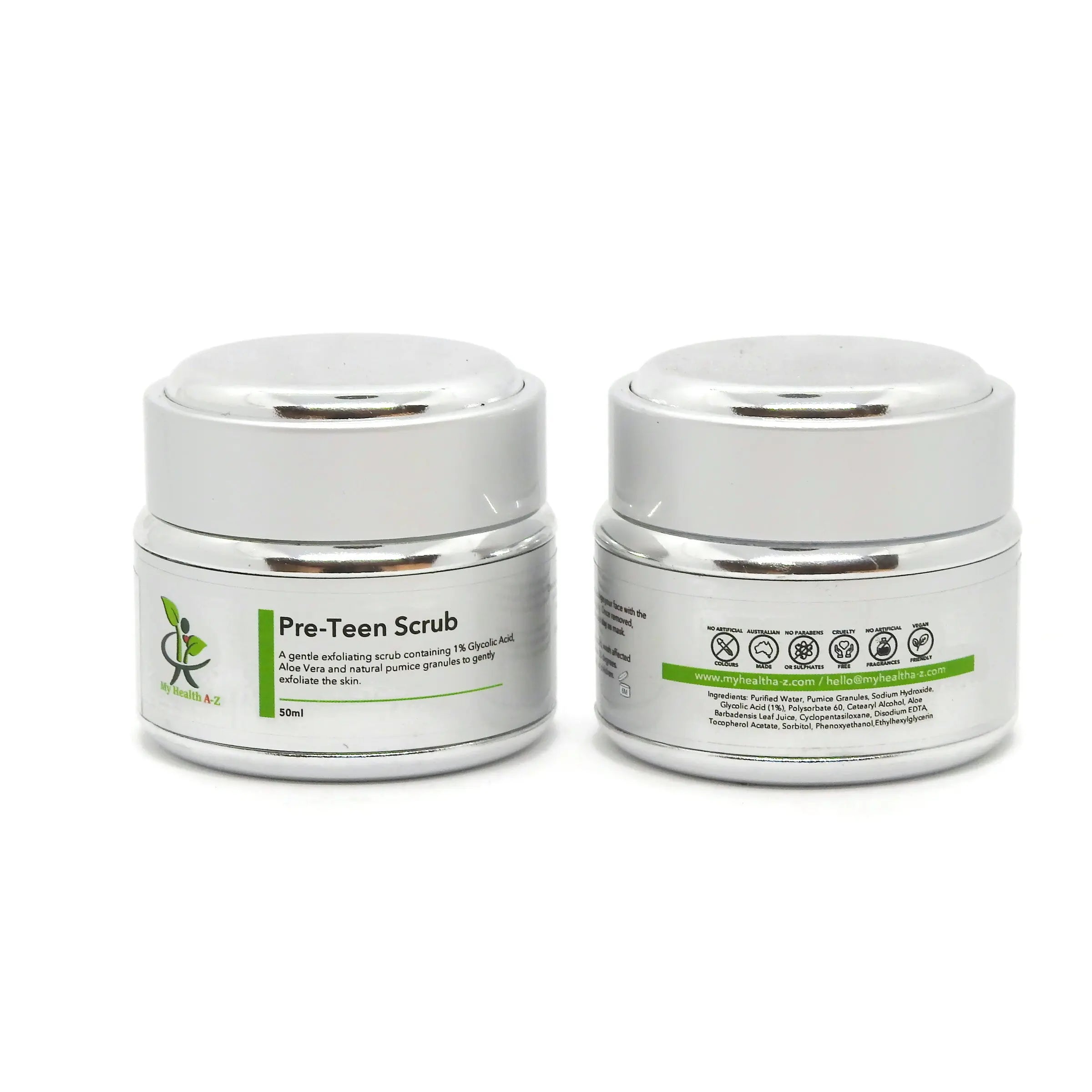 My Health A-Z Pre-Teen Facial Scrub 50g – two jar hero product shot white background