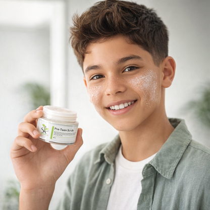 Young boy holding a jar of Pre-Teen Scrub with a light background