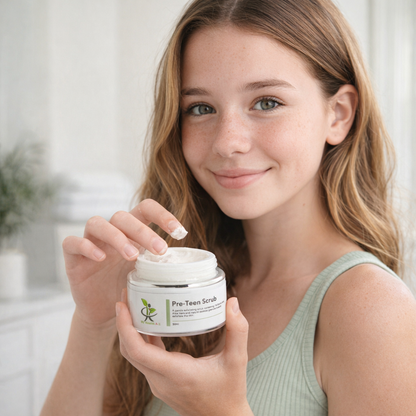 young girl holding a jar of Pre-Teen Scrub with a neutral background