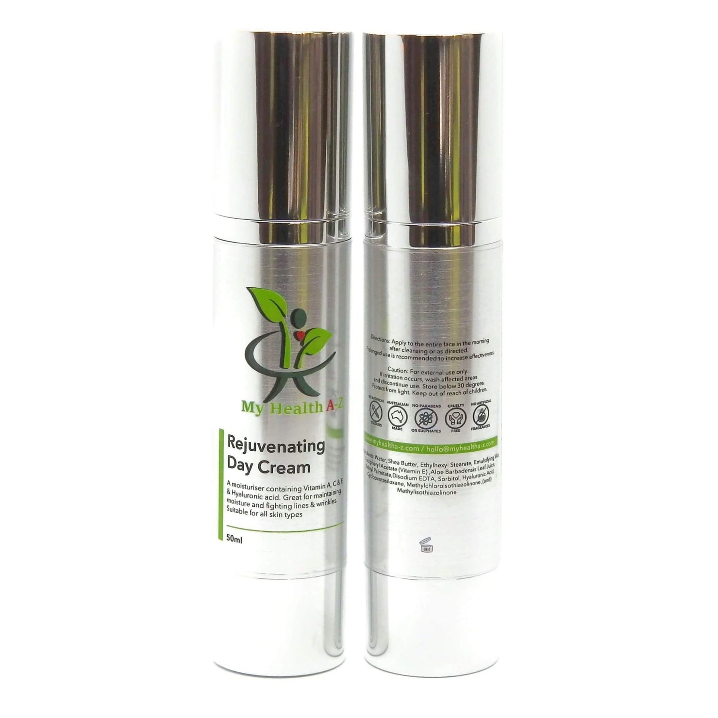 Two bottles of 'My Health A-Z' Rejuvenating Day Cream on a white background