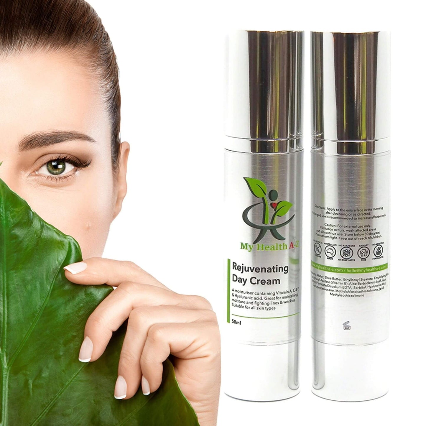 Woman holding a leaf next to two bottles of 'My Health A-Z' Rejuvenating Day Cream on a white background