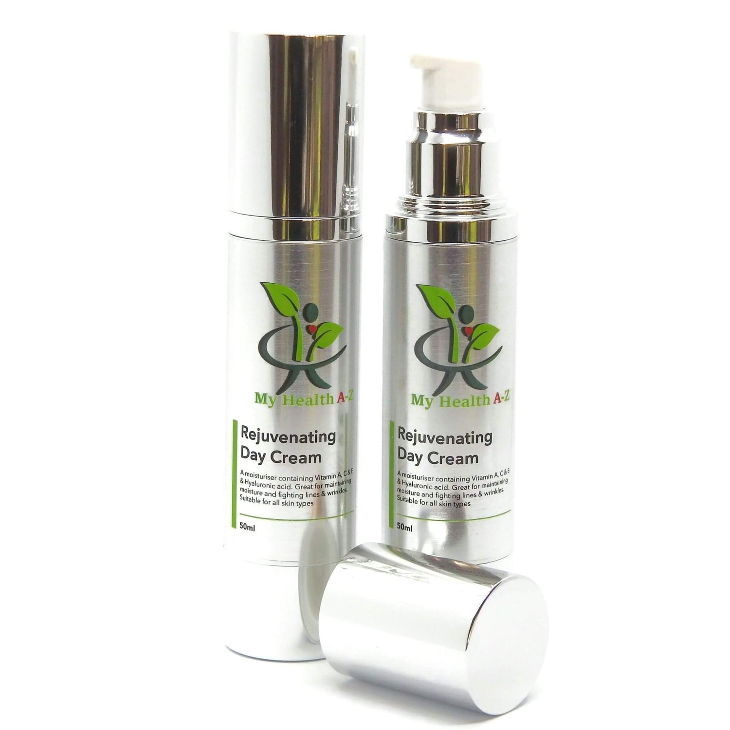 Two bottles of My Health A-Z Rejuvenating Day Cream on a white background