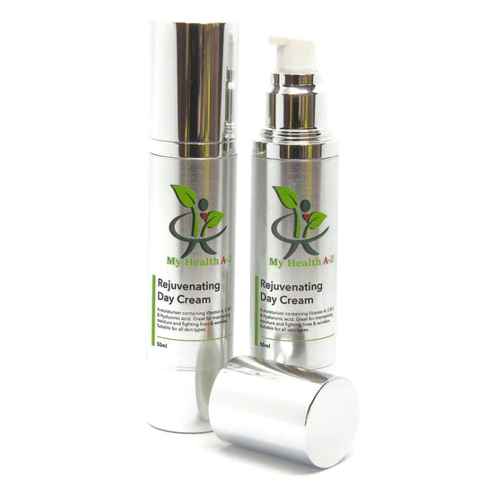 Two bottles of My Health A-Z Rejuvenating Day Cream on a white background