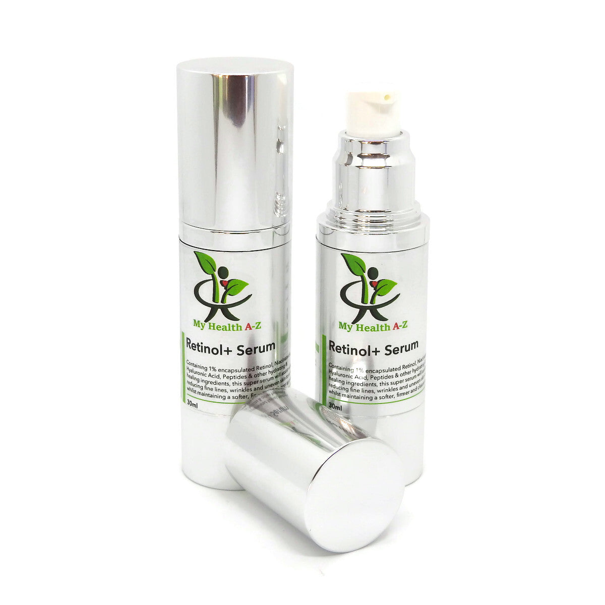 Two bottles of My Health A-Z Retinol+ Serum on a white background