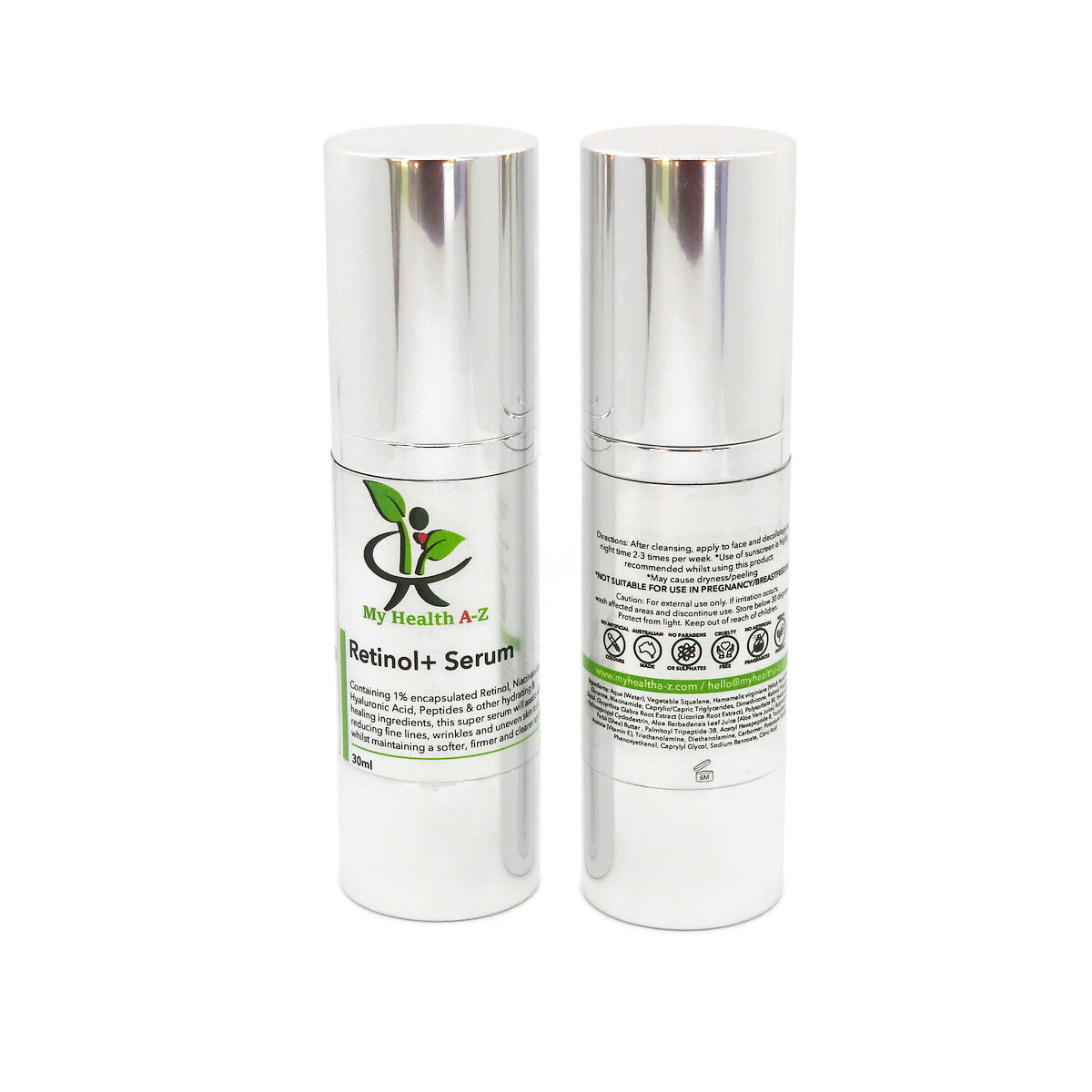Two bottles of My Health A-Z Retinol+ Serum front and rear view on a white background