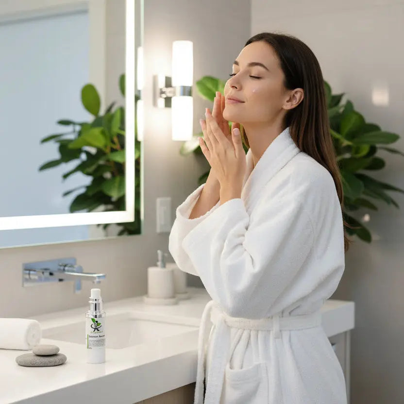 Woman applying My Health A-Z Retinol+ Serum in bathroom – anti-ageing retinol serum for wrinkles and fine lines