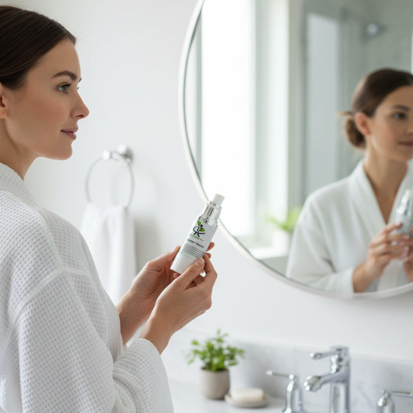 woman holding My Health A-Z Retinol+ serum in her hand in front of a mirror