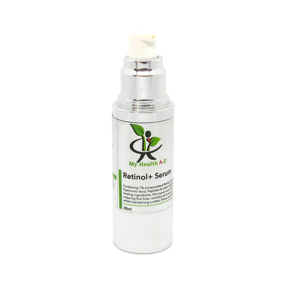 bottles of My Health A-Z Retinol+ Serum on a white background with visible branding on a white background