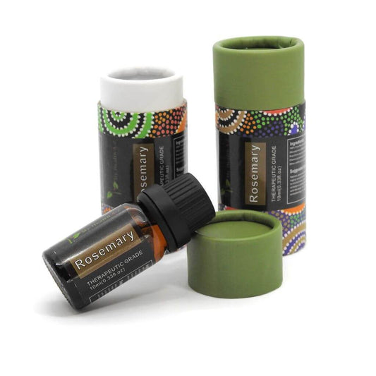 'My Health A-Z' Rosemary essential oil bottles with green caps on a white background